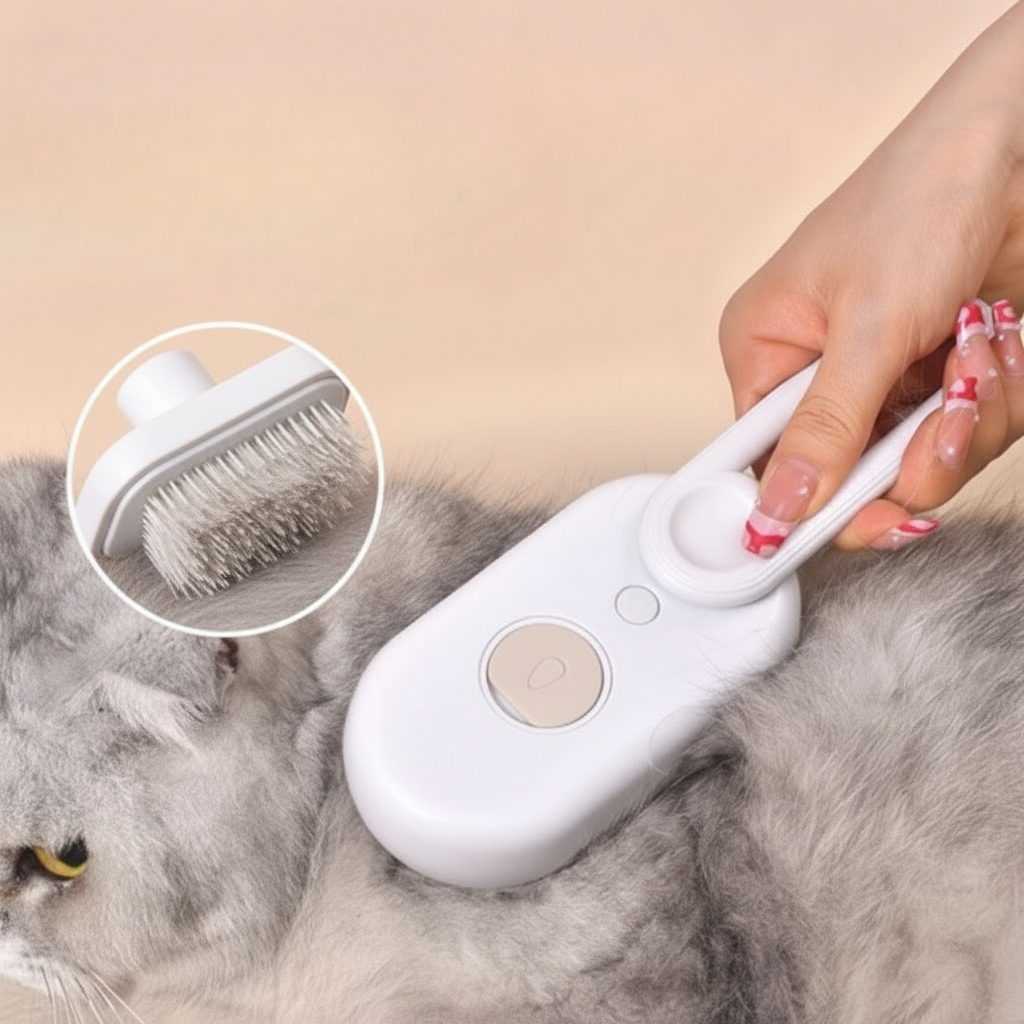 Pet - Escova Elétrica a Vapor 3 em 1 para Gatos e Cães – Remove pelos, massageia e hidrata com tecnologia de vapor.
