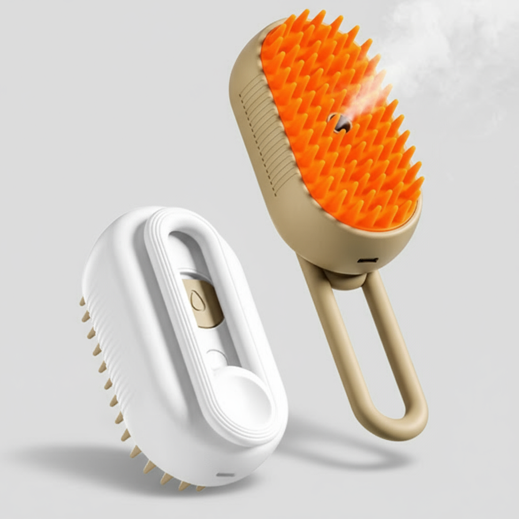 Pet - Escova Elétrica a Vapor 3 em 1 para Gatos e Cães – Remove pelos, massageia e hidrata com tecnologia de vapor.