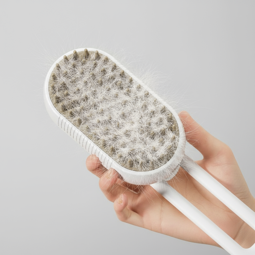 Pet - Escova Elétrica a Vapor 3 em 1 para Gatos e Cães – Remove pelos, massageia e hidrata com tecnologia de vapor.